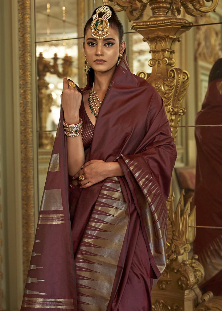 Maroon Brown Handwoven Soft Silk Saree with Zari Border