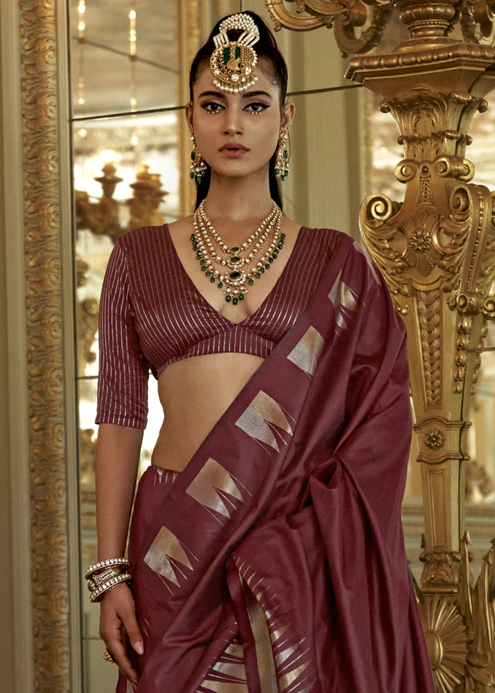 Maroon Brown Handwoven Soft Silk Saree with Zari Border