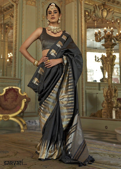 Pebble Black Handwoven Soft Silk Saree with Zari Border