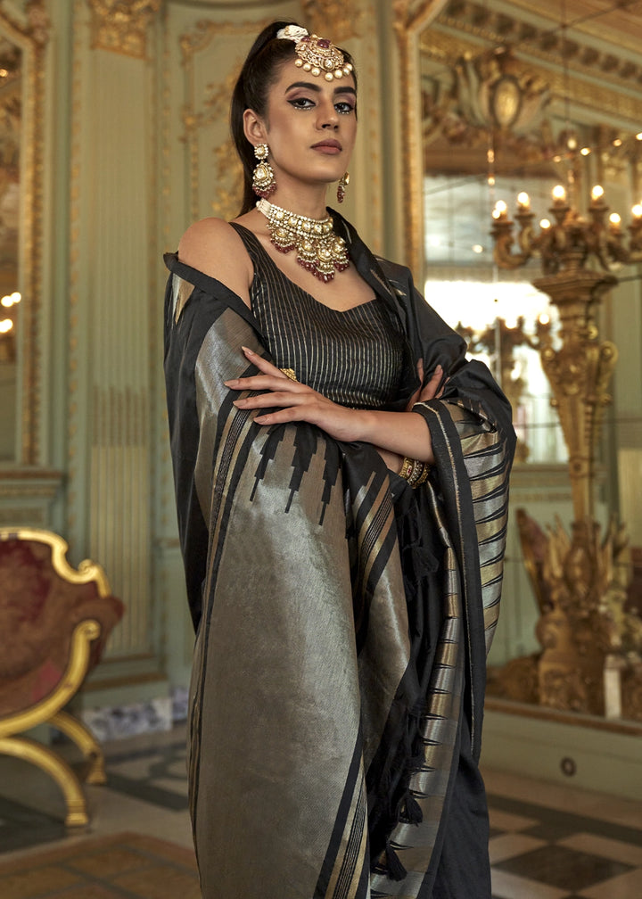 Pebble Black Handwoven Soft Silk Saree with Zari Border