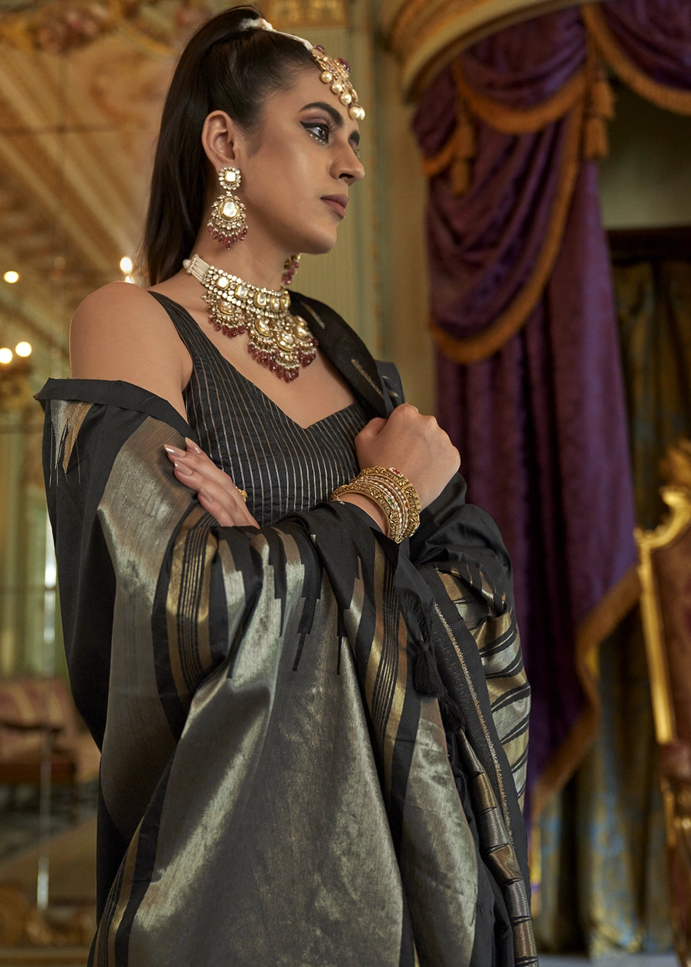 Pebble Black Handwoven Soft Silk Saree with Zari Border