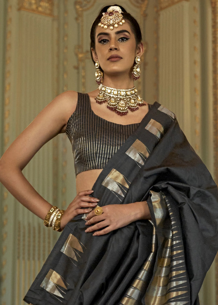 Pebble Black Handwoven Soft Silk Saree with Zari Border