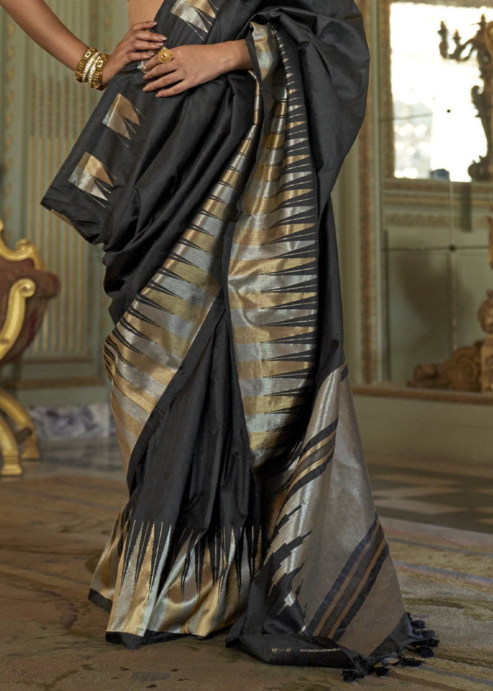 Pebble Black Handwoven Soft Silk Saree with Zari Border