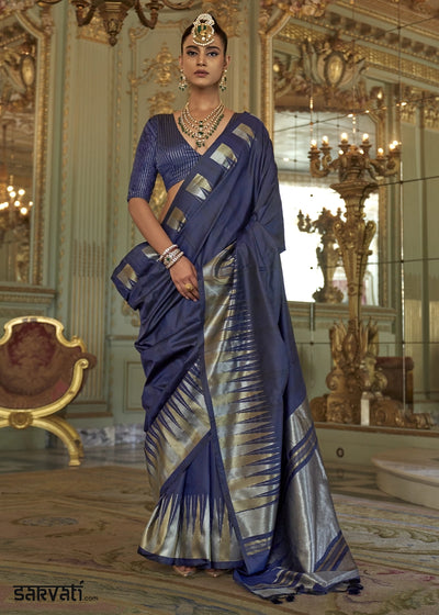 Space Blue Handwoven Soft Silk Saree with Zari Border
