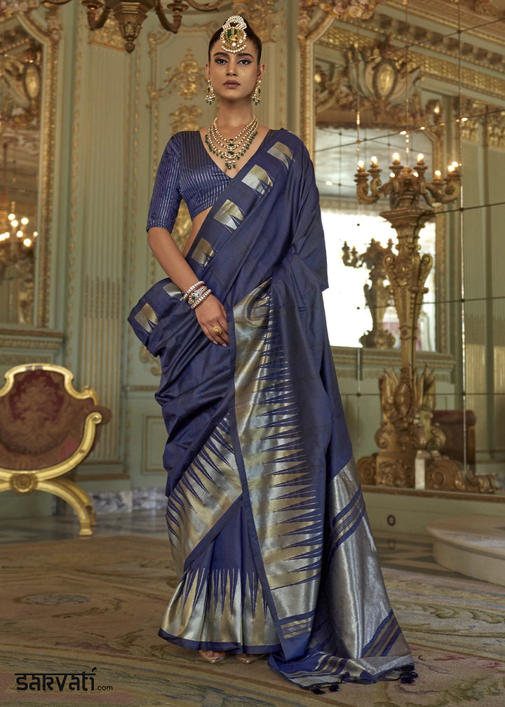 Space Blue Handwoven Soft Silk Saree with Zari Border