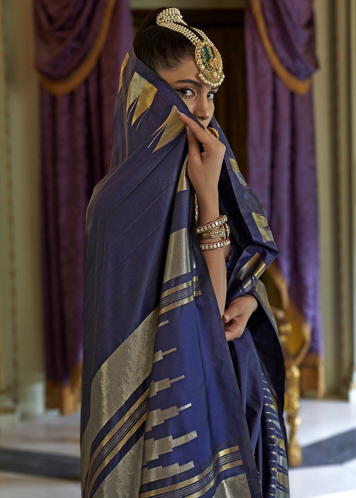 Space Blue Handwoven Soft Silk Saree with Zari Border
