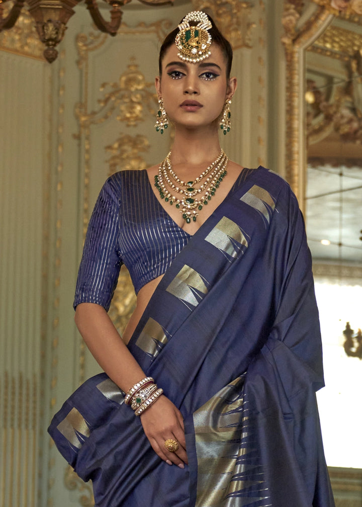 Space Blue Handwoven Soft Silk Saree with Zari Border