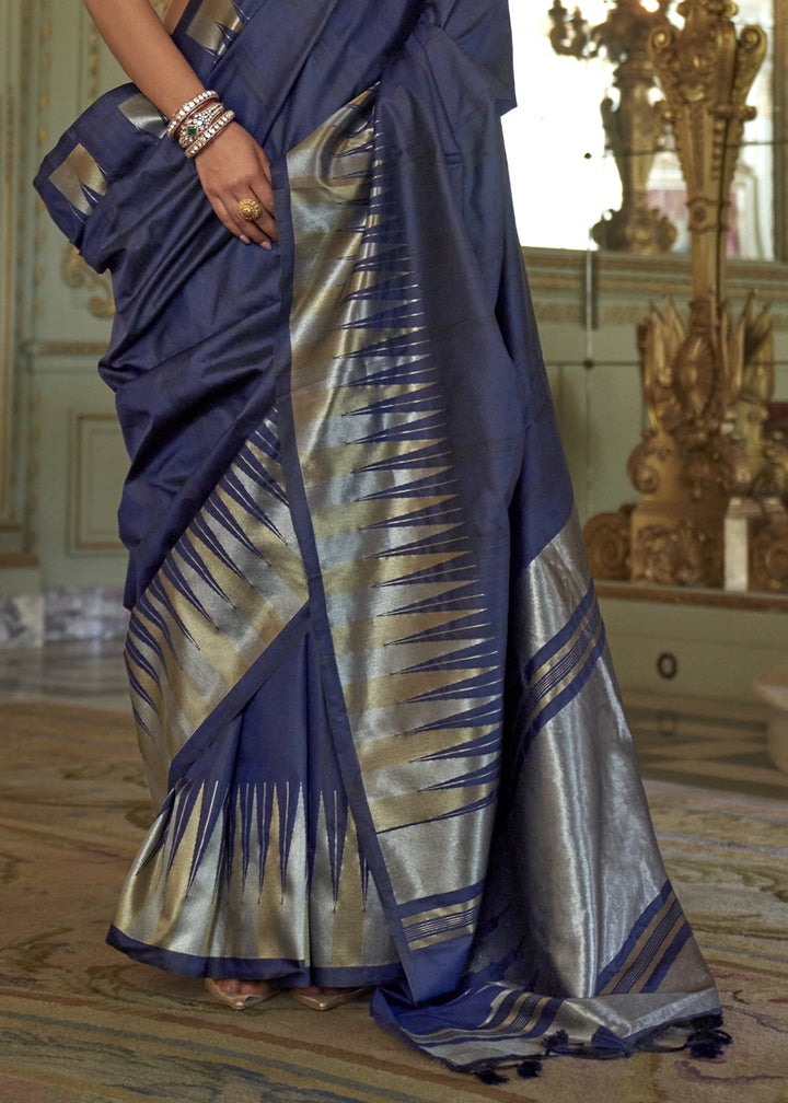 Space Blue Handwoven Soft Silk Saree with Zari Border