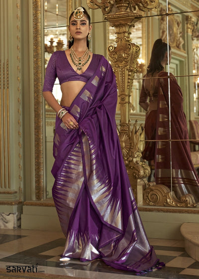 Dark Violet Purple Handwoven Soft Silk Saree with Zari Border