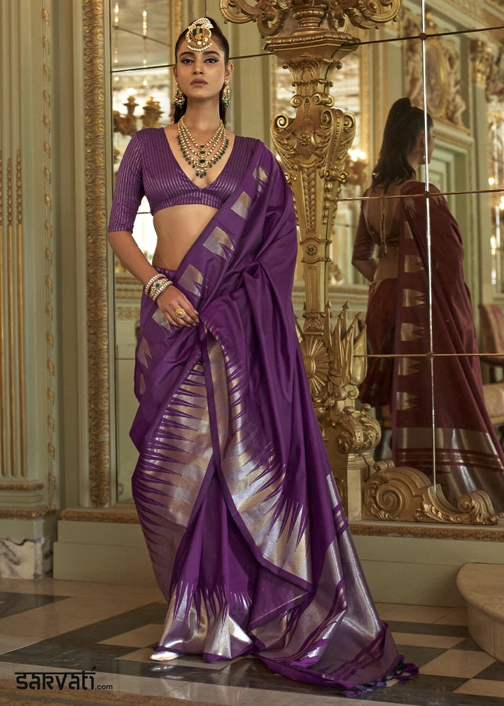 Dark Violet Purple Handwoven Soft Silk Saree with Zari Border