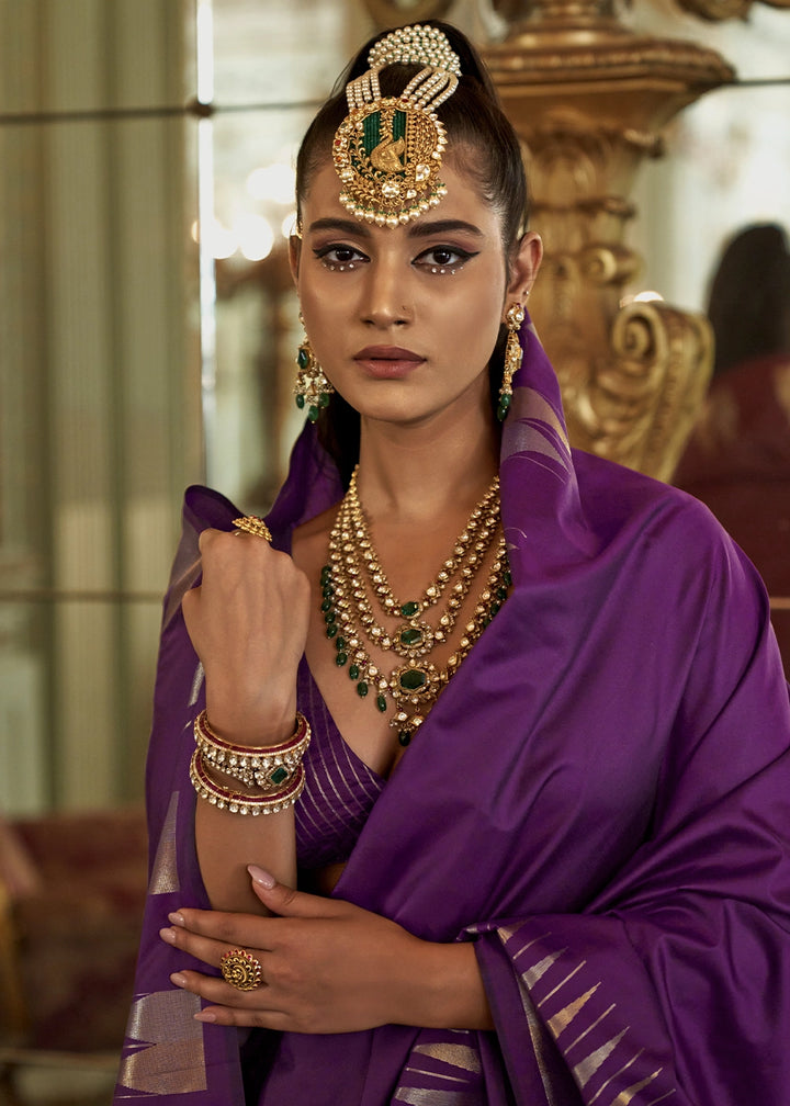 Dark Violet Purple Handwoven Soft Silk Saree with Zari Border