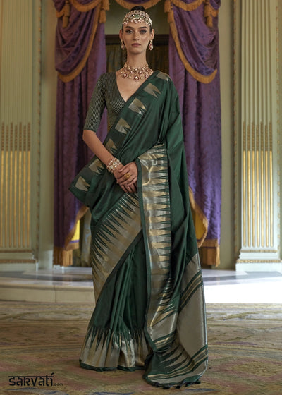 Sacramento Green Handwoven Soft Silk Saree with Zari Border