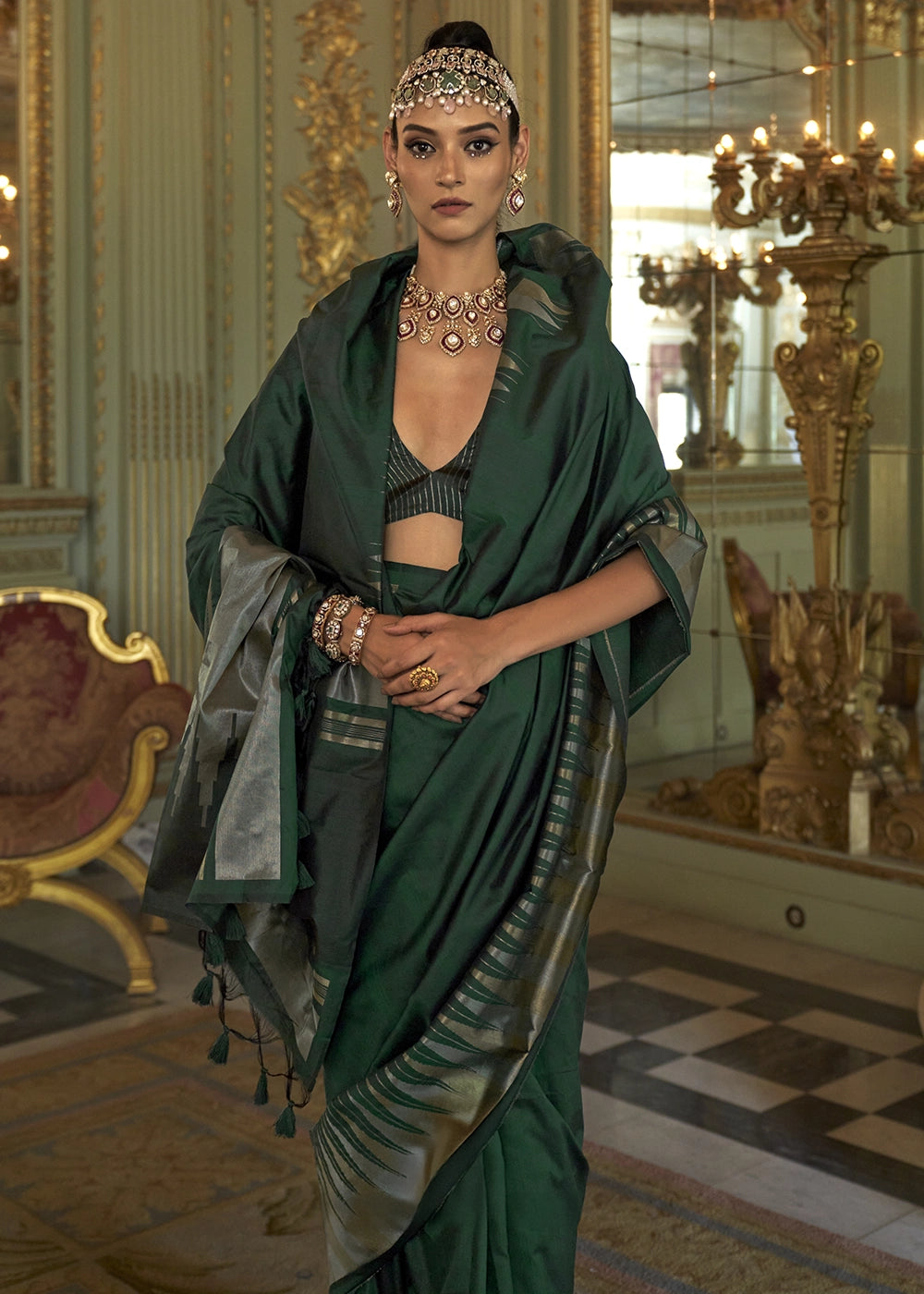Sacramento Green Handwoven Soft Silk Saree with Zari Border