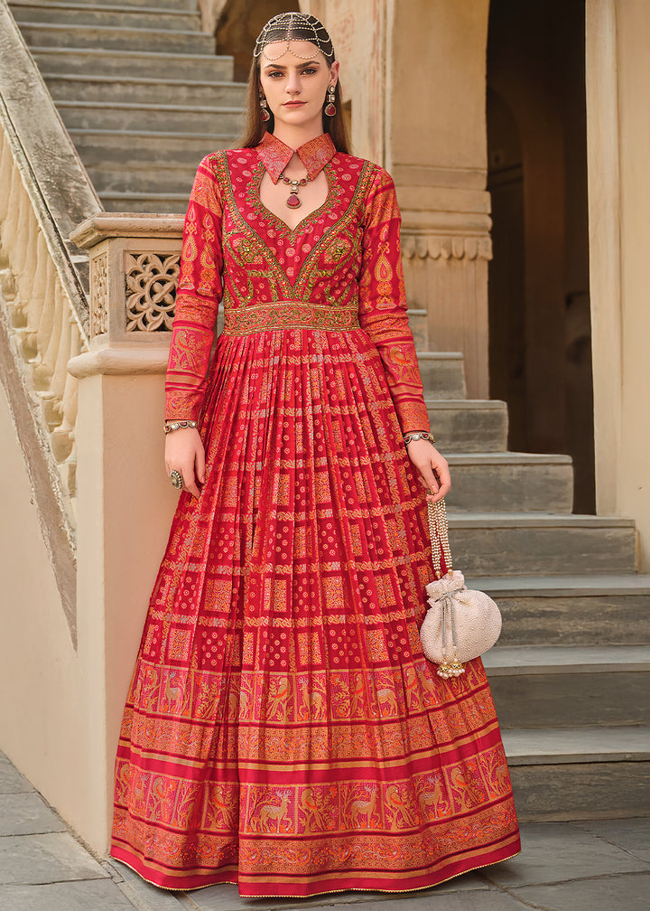 Shades Of Red Anarkali Gown with Luxurious Embroidery Work for Festive Occasions