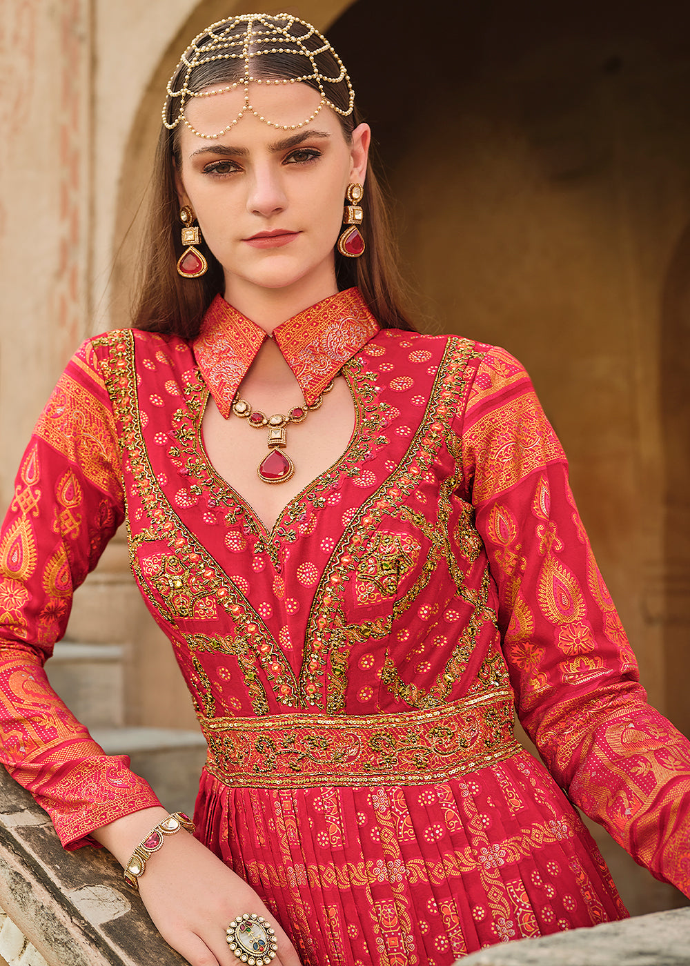 Shades Of Red Anarkali Gown with Luxurious Embroidery Work for Festive Occasions