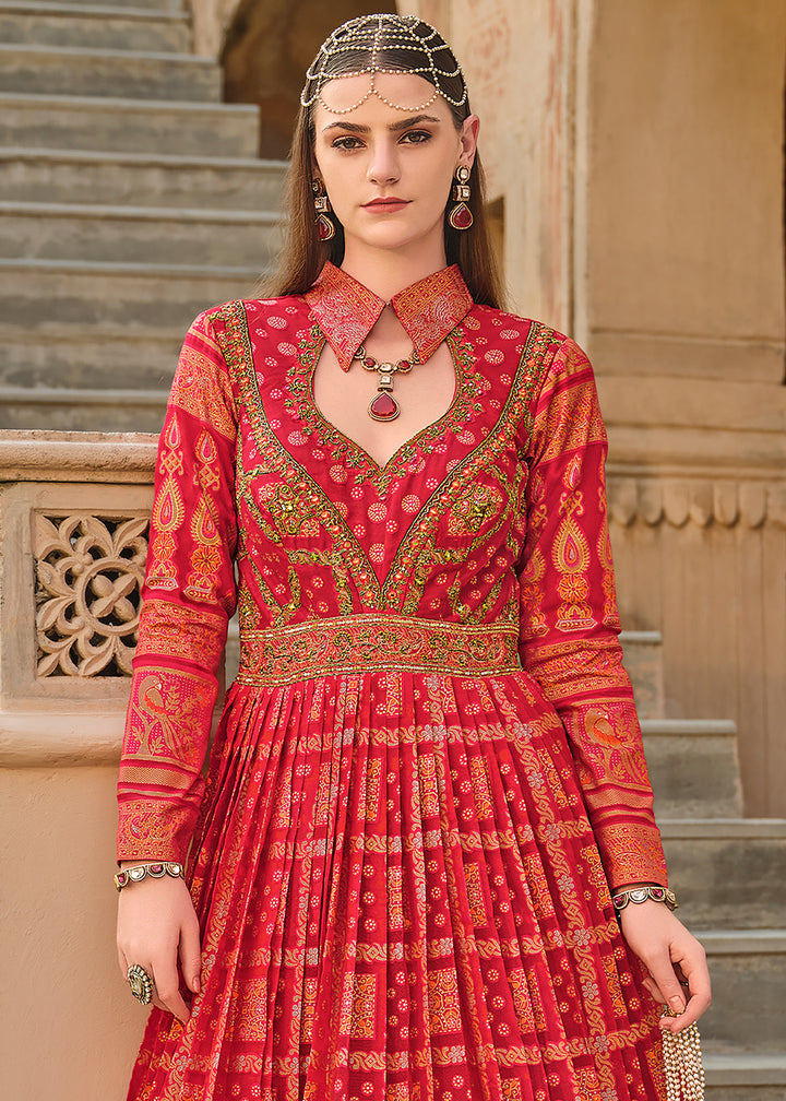 Shades Of Red Anarkali Gown with Luxurious Embroidery Work for Festive Occasions