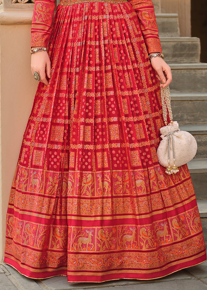 Shades Of Red Anarkali Gown with Luxurious Embroidery Work for Festive Occasions