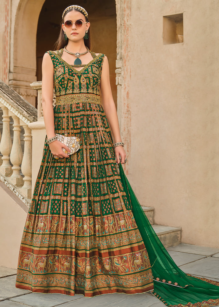 Bottle Green Anarkali Gown with Luxurious Embroidery Work for Festive Occasions