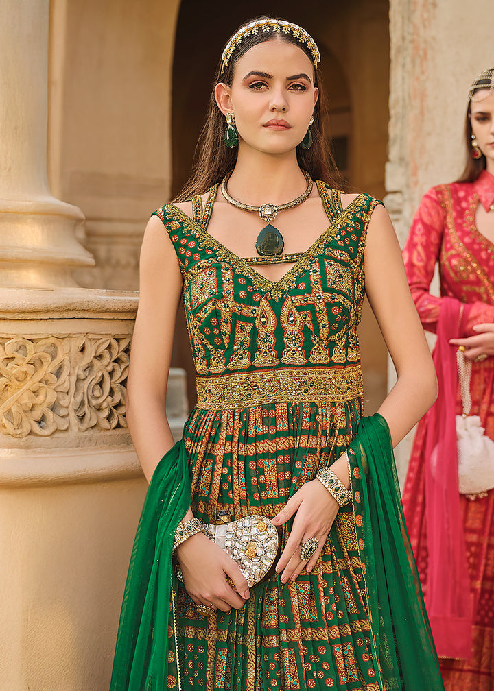 Bottle Green Anarkali Gown with Luxurious Embroidery Work for Festive Occasions