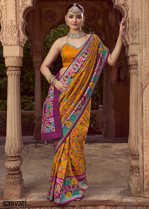 Mustard Yellow Floral Printed Silk Saree