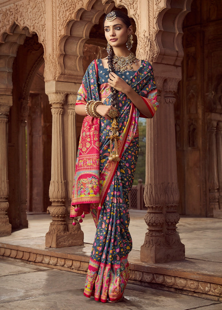 Slate Grey Floral Printed Silk Saree