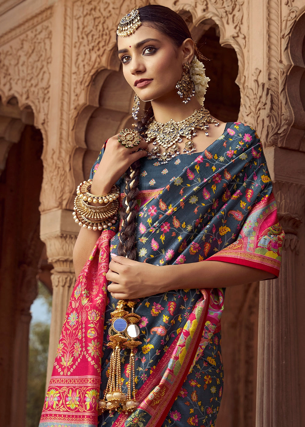 Slate Grey Floral Printed Silk Saree