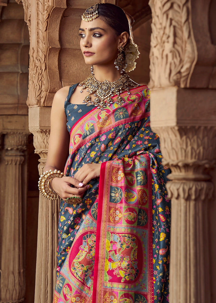 Slate Grey Floral Printed Silk Saree