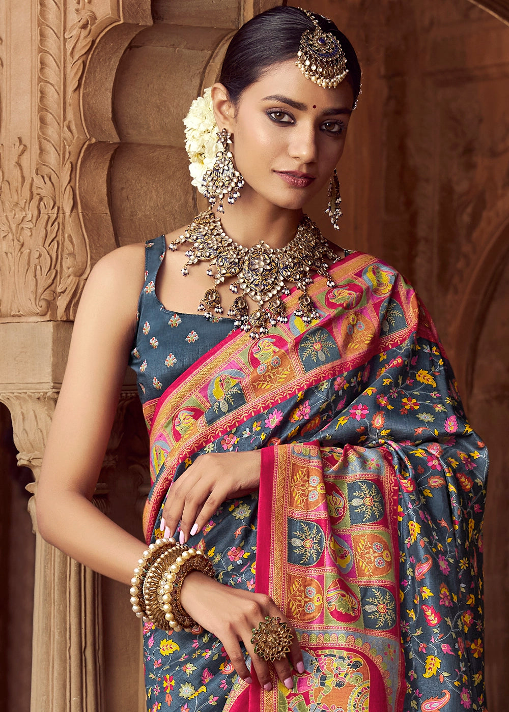Slate Grey Floral Printed Silk Saree