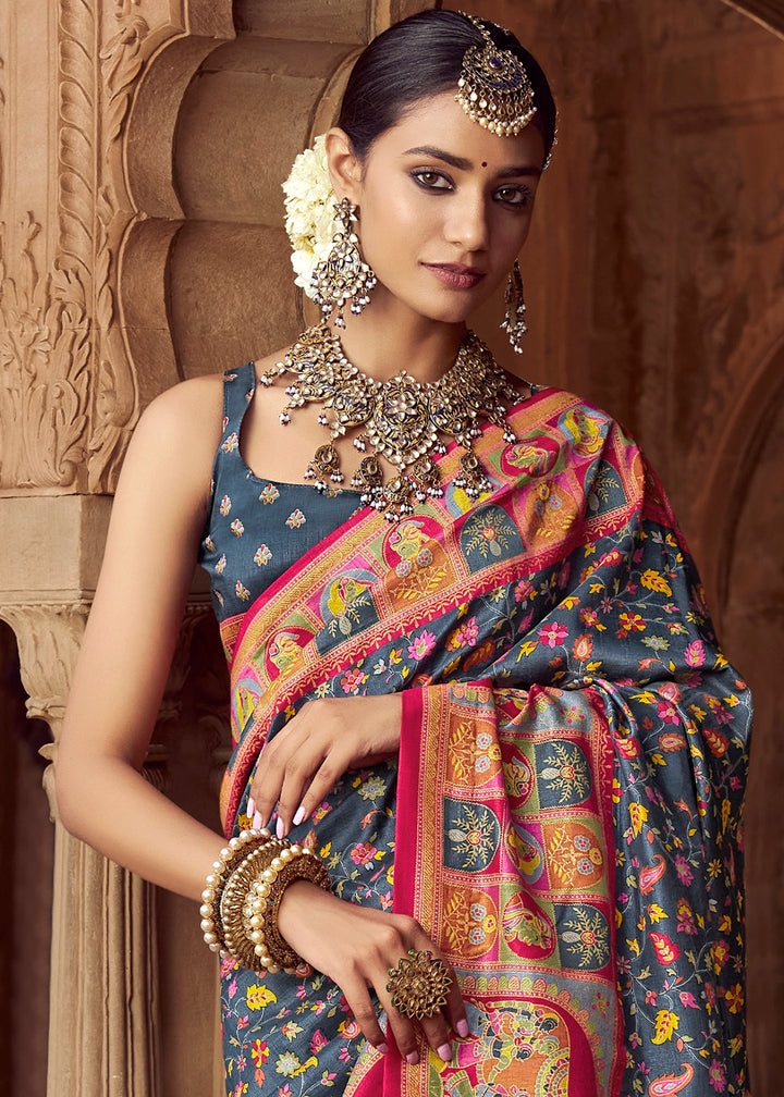 Slate Grey Floral Printed Silk Saree