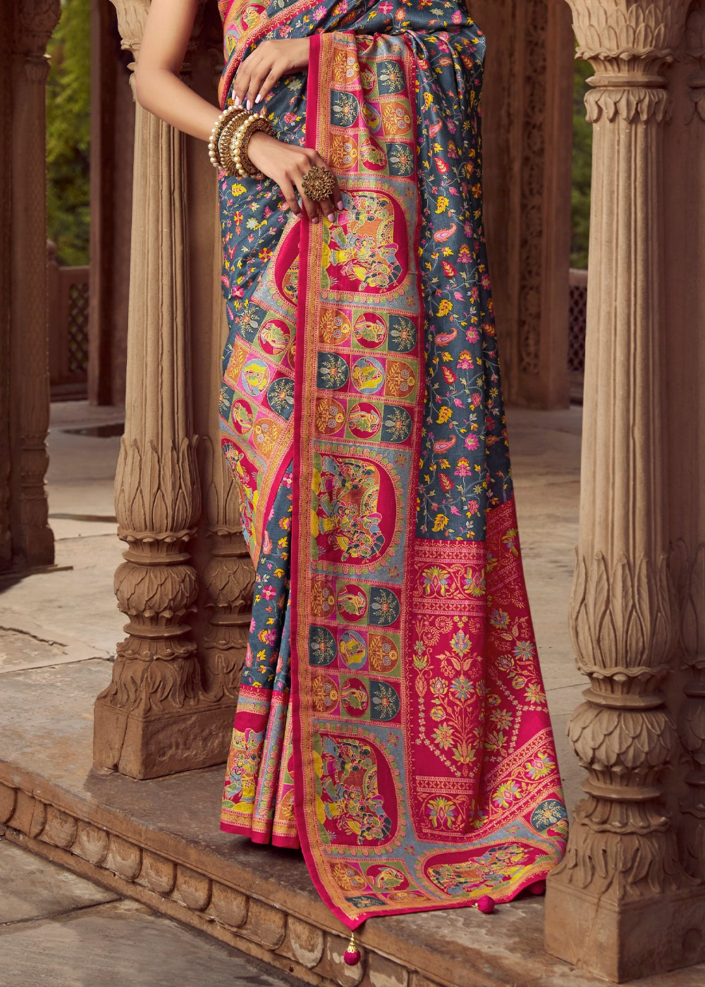 Slate Grey Floral Printed Silk Saree
