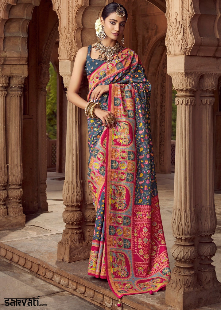 Slate Grey Floral Printed Silk Saree