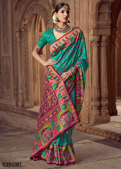 Persian Green Floral Printed Silk Saree