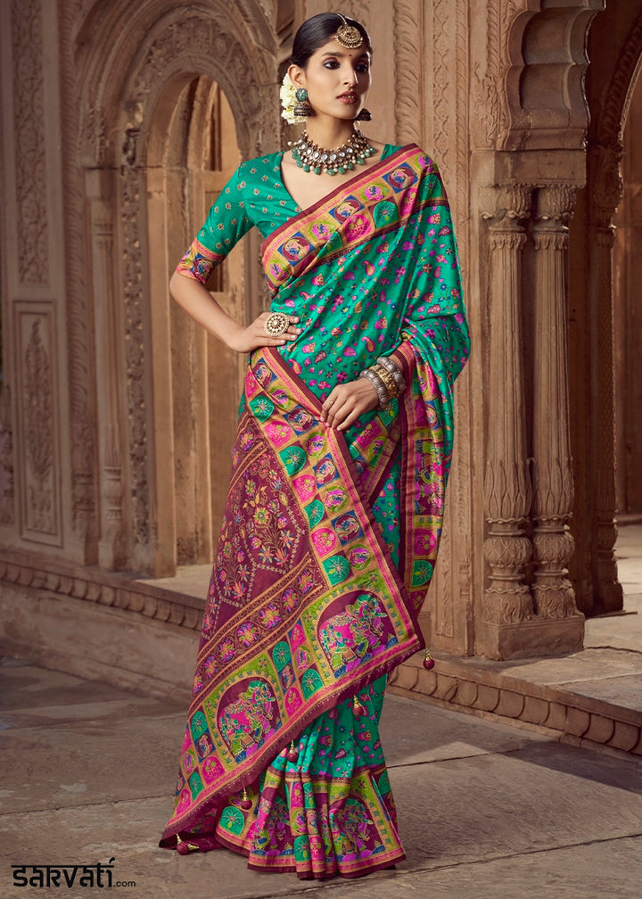 Persian Green Floral Printed Silk Saree