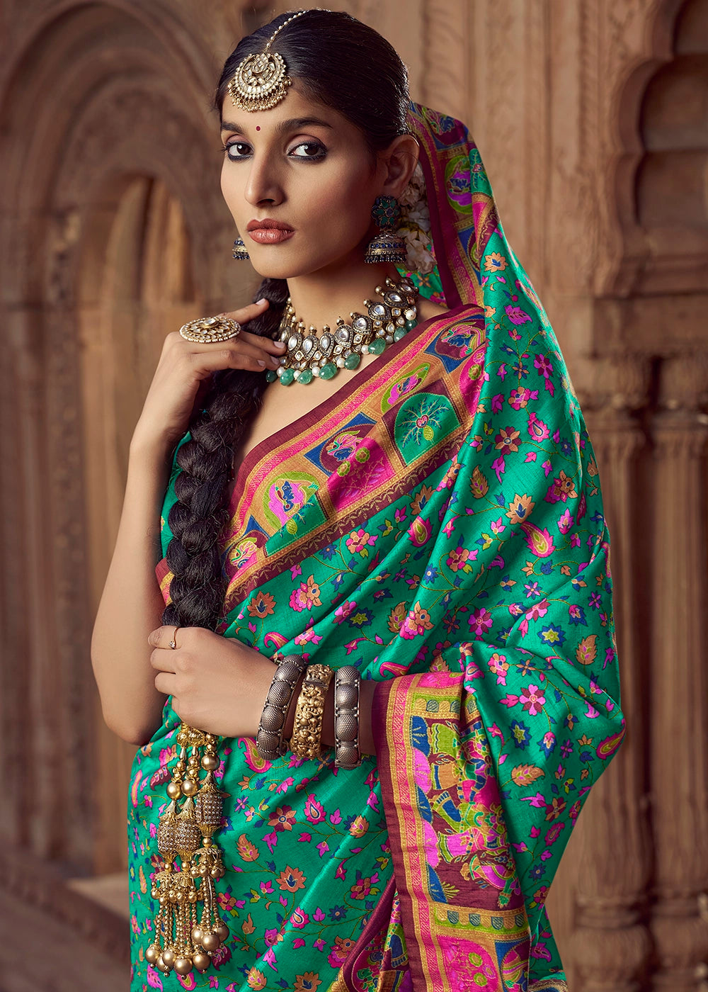 Persian Green Floral Printed Silk Saree