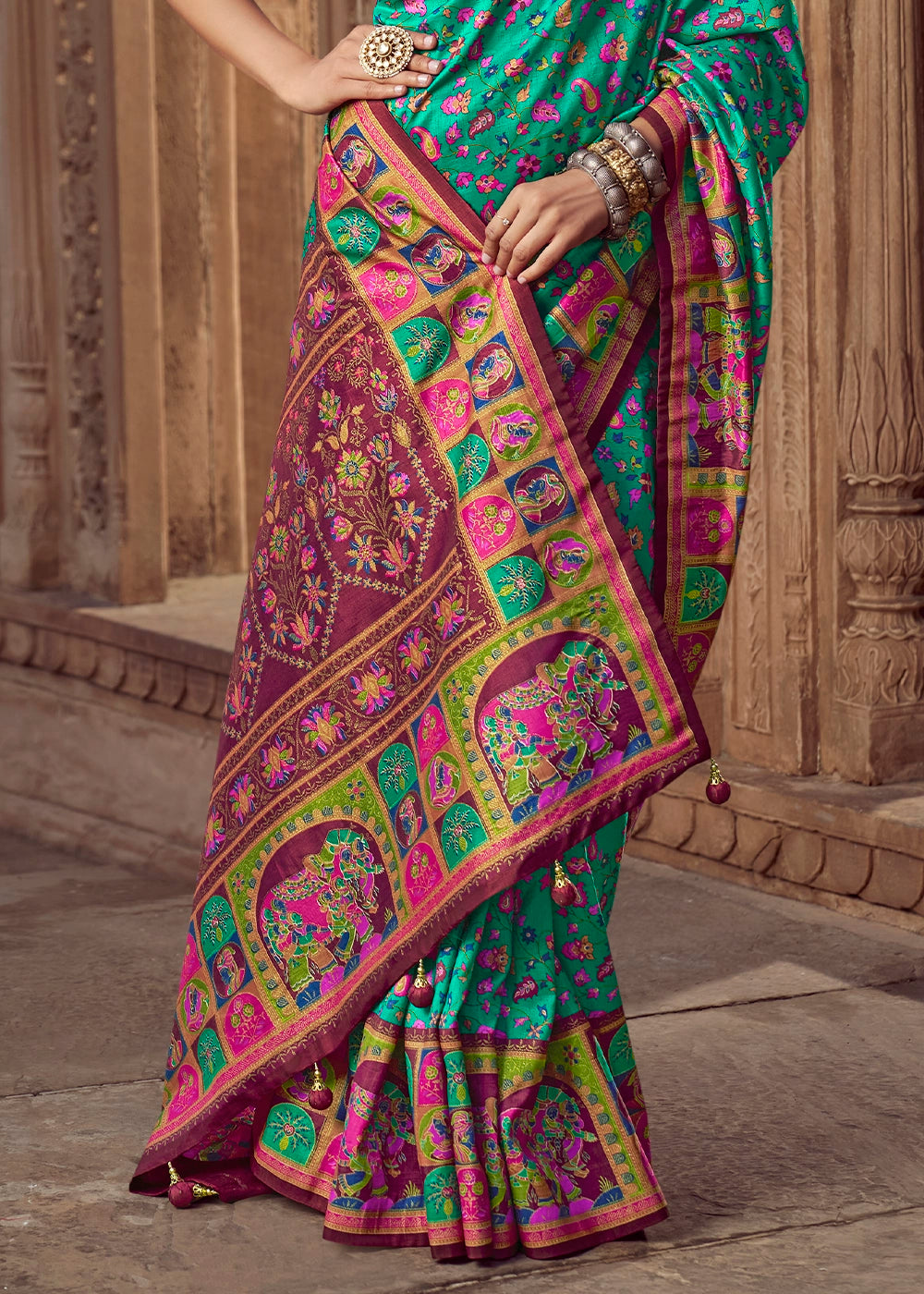 Persian Green Floral Printed Silk Saree