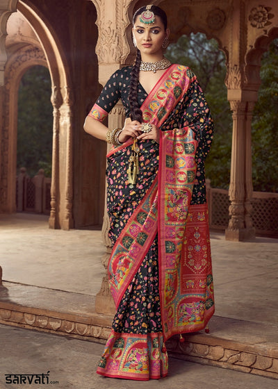 Onyx Black Floral Printed Silk Saree