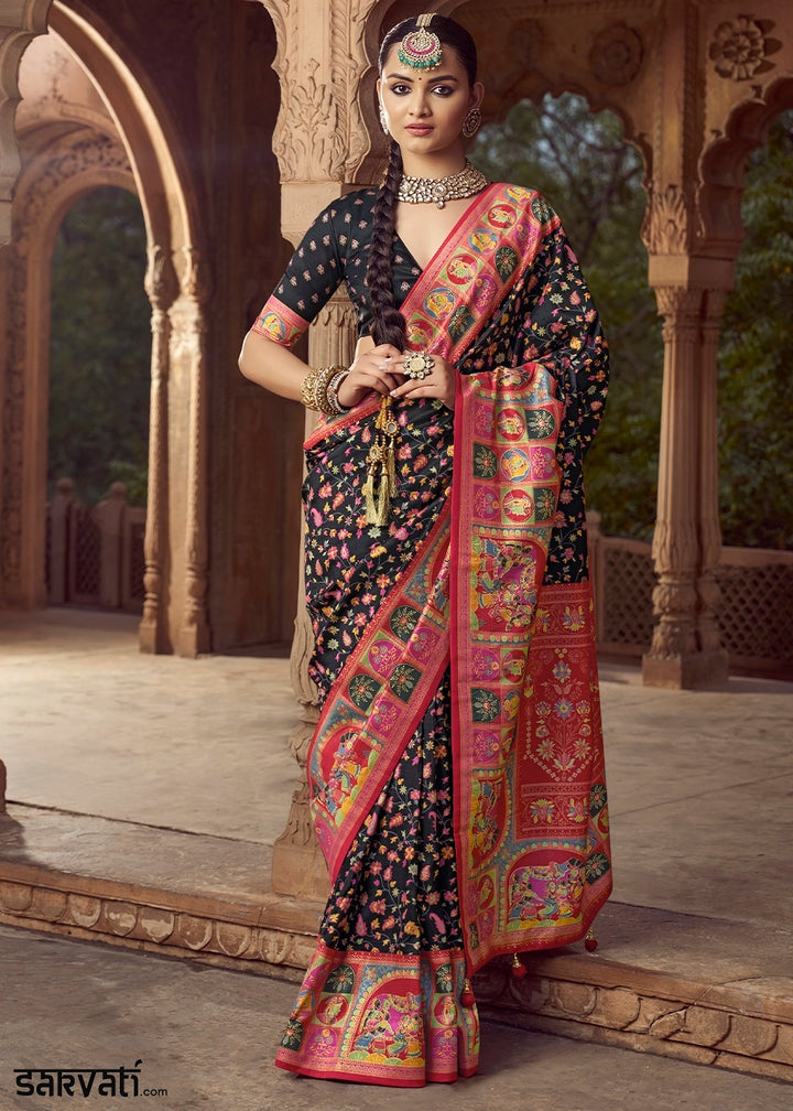 Onyx Black Floral Printed Silk Saree