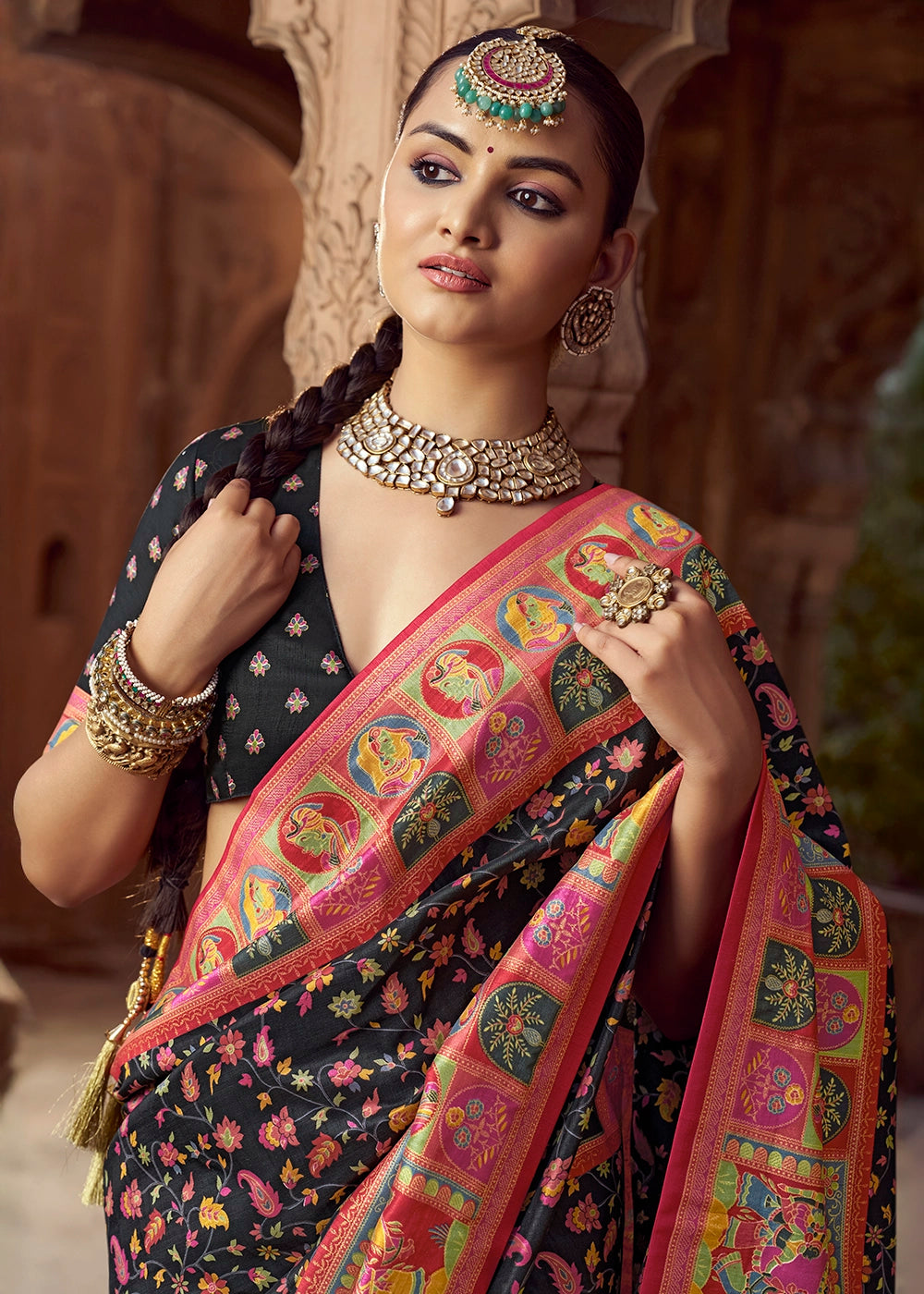 Onyx Black Floral Printed Silk Saree