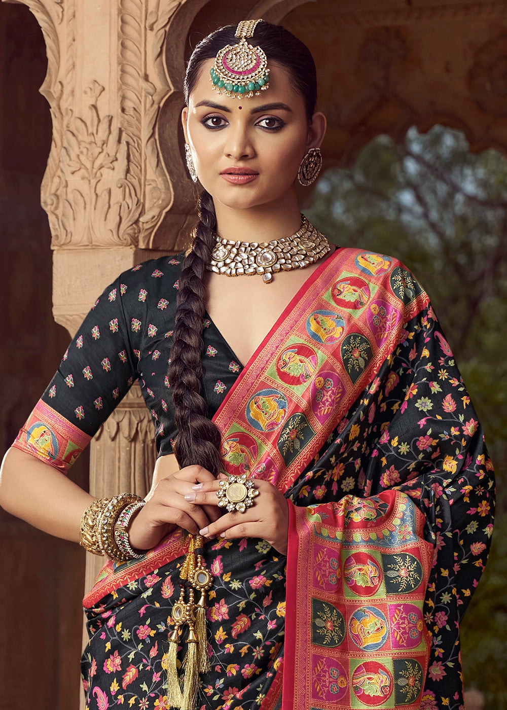 Onyx Black Floral Printed Silk Saree
