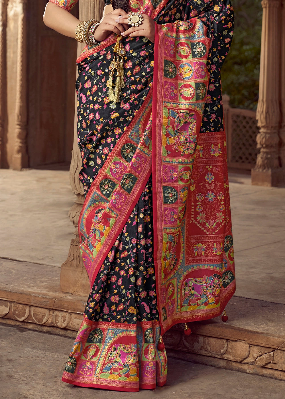 Onyx Black Floral Printed Silk Saree