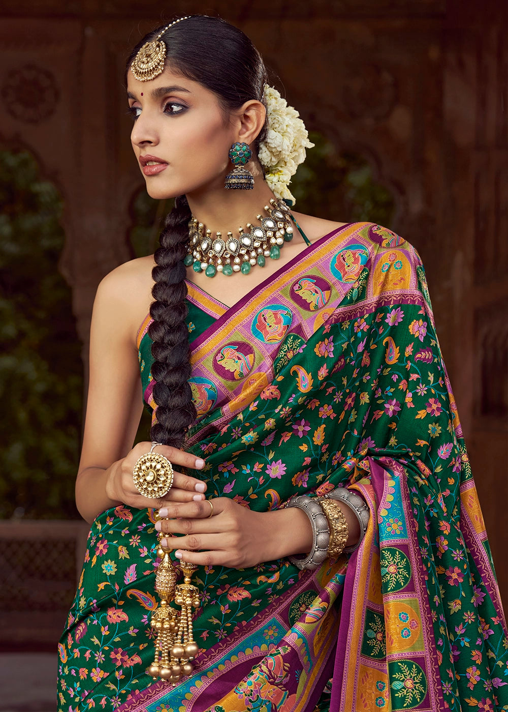 Dark Green Floral Printed Silk Saree