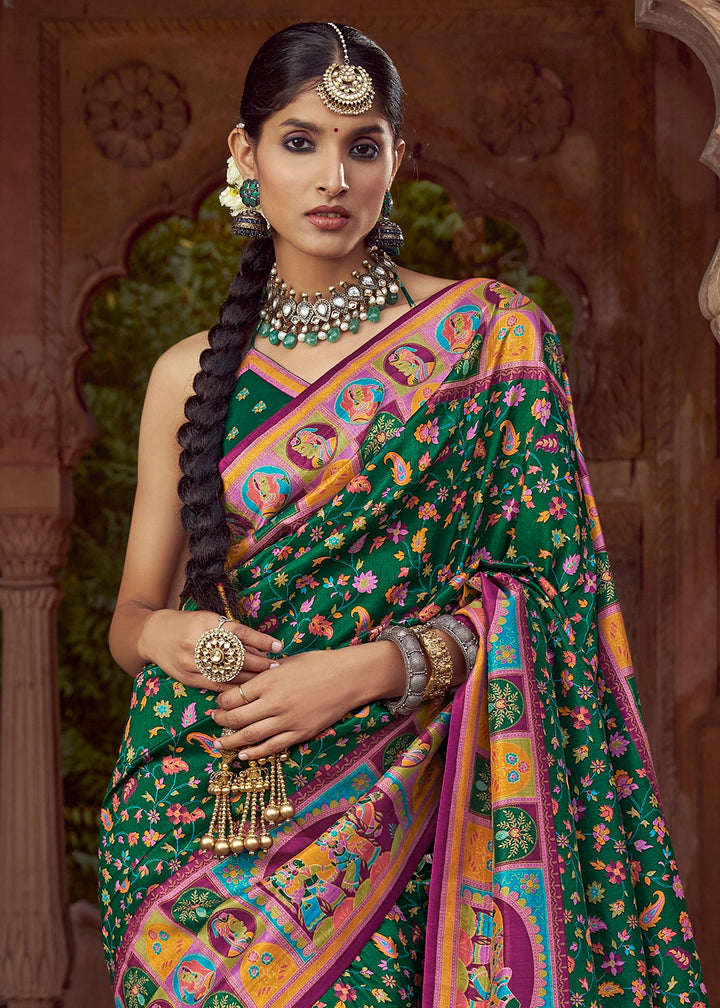 Dark Green Floral Printed Silk Saree
