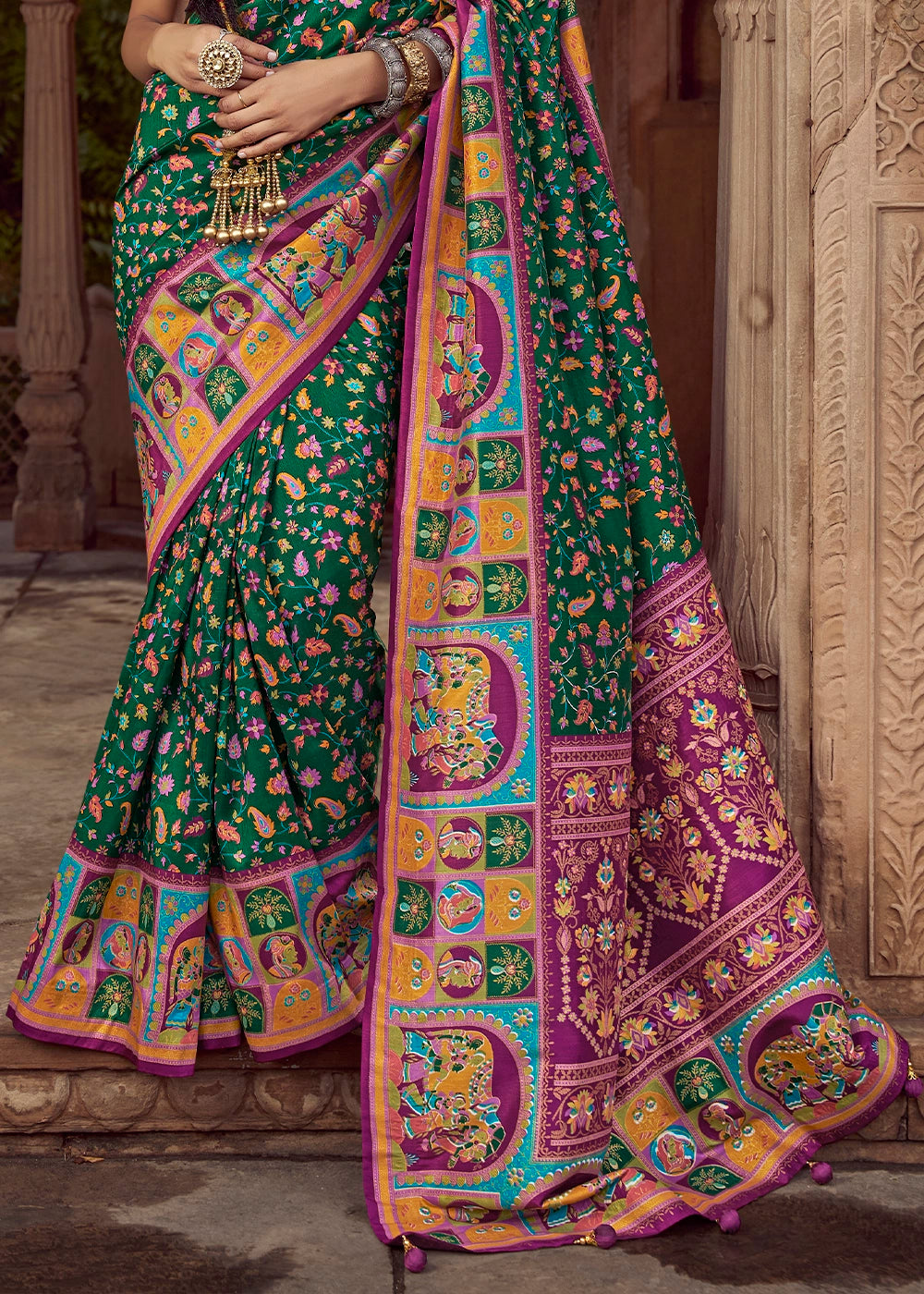 Dark Green Floral Printed Silk Saree