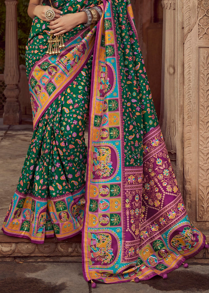 Dark Green Floral Printed Silk Saree