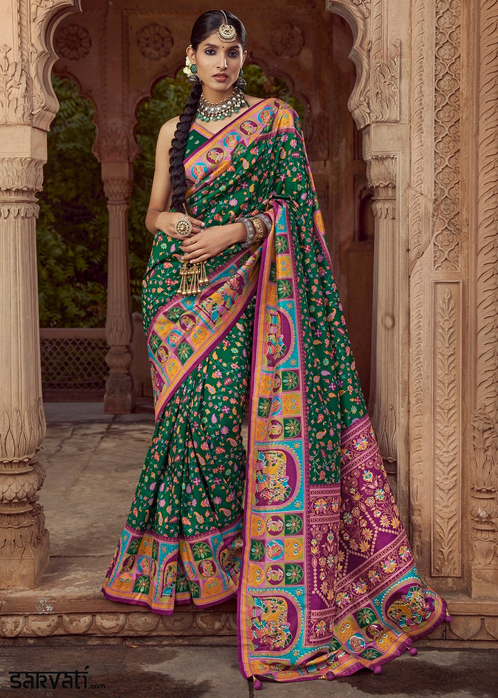Dark Green Floral Printed Silk Saree