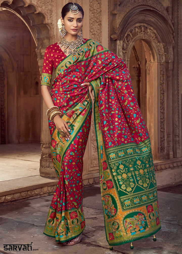 Crimson Red Floral Printed Silk Saree