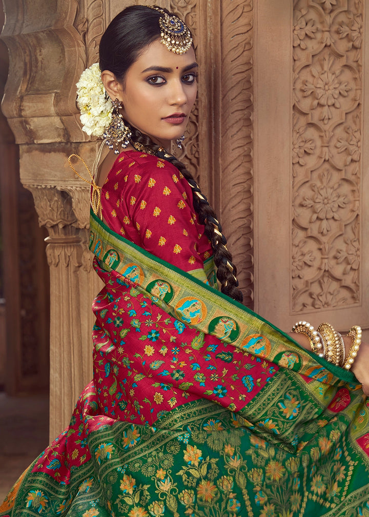 Crimson Red Floral Printed Silk Saree