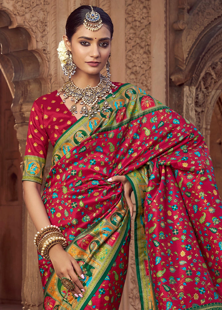 Crimson Red Floral Printed Silk Saree