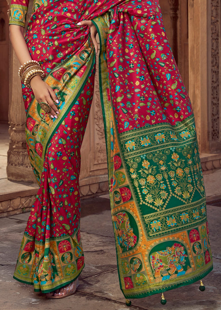 Crimson Red Floral Printed Silk Saree
