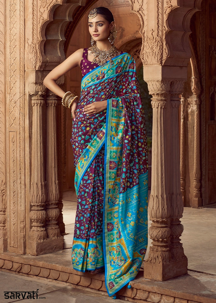 Mulberry Purple Floral Printed Silk Saree